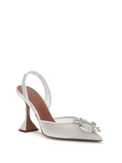 Amina Muaddi Begum Sling 70 Crystal Embellished White Leather Pumps