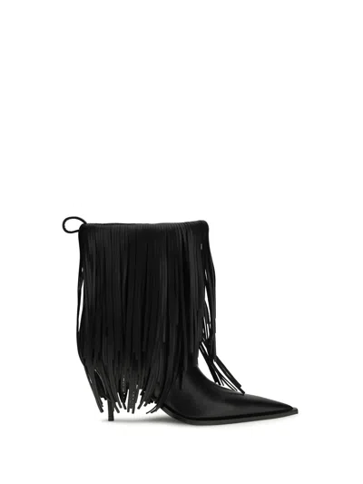 Balenciaga Avenue Fringe Ankle Boots Pointed Toe Pull Tab In Black