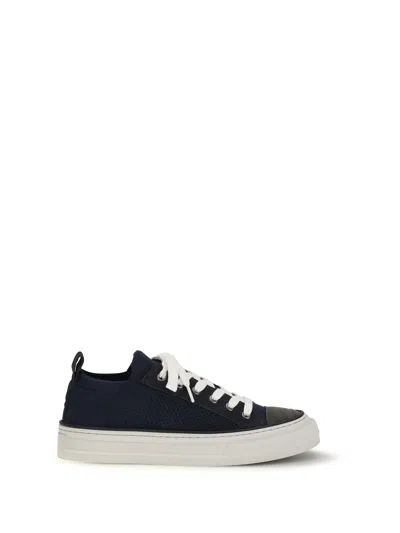 Brunello Cucinelli Bead-embellished Suede-trimmed Stretch-knit Sneakers In Blue