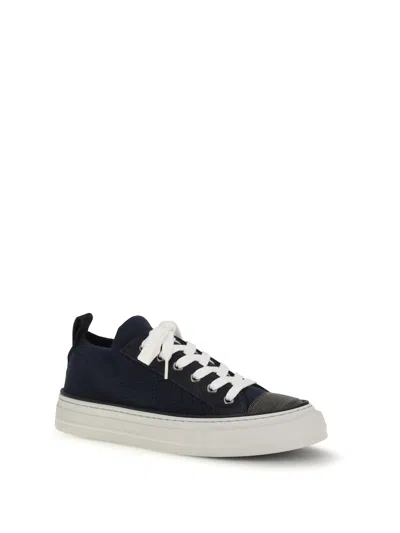 Brunello Cucinelli Bead-embellished Suede-trimmed Stretch-knit Sneakers In Blue