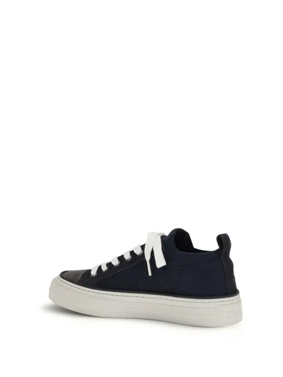 Brunello Cucinelli Bead-embellished Suede-trimmed Stretch-knit Sneakers In Blue