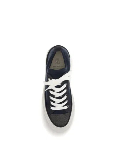 Brunello Cucinelli Bead-embellished Suede-trimmed Stretch-knit Sneakers In Blue