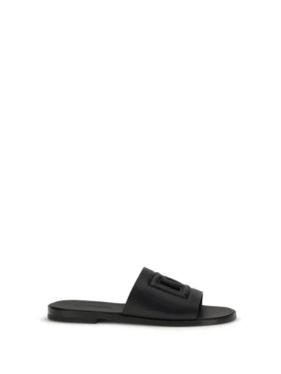 Dolce & Gabbana Black Sandals With Dg Logo Cut-out In Leather Man In Black