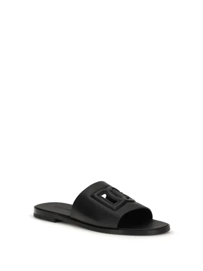 Dolce & Gabbana Black Sandals With Dg Logo Cut-out In Leather Man In Black