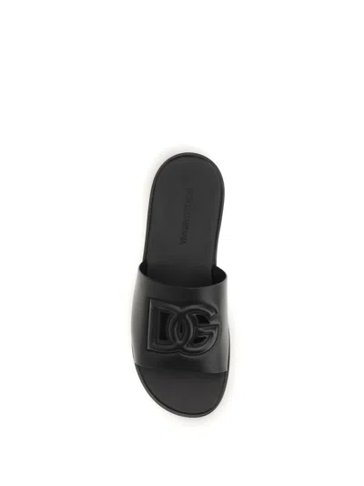 Dolce & Gabbana Black Sandals With Dg Logo Cut-out In Leather Man In Black