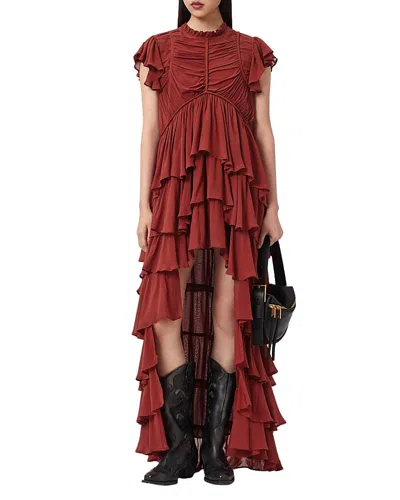 Allsaints Shaela Tiered Ruffle High-low Dress In Brown