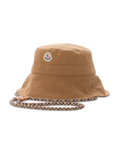 Moncler Logo Patch Drawstring Bucket Hat In Brown