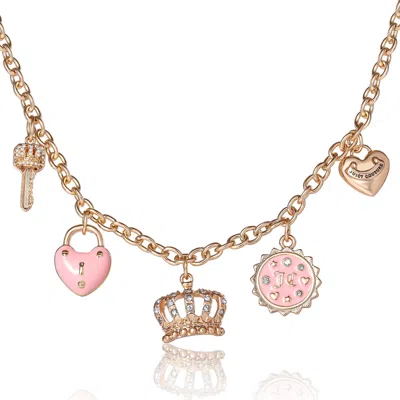 Juicy Couture Charm Necklace With Pink Enamel Accents And Crystal Details In Gold