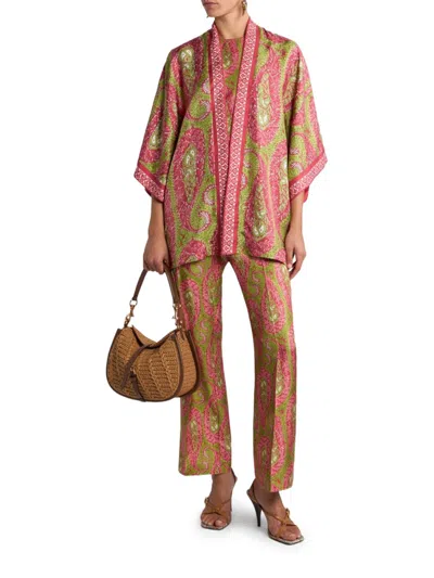 Etro Paisley Foliage Trousers Contrasting Waistband Straight Leg In Pink