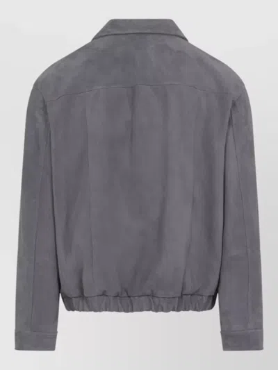 Brunello Cucinelli Suede Jacket Collared Design Elasticated Hem Pockets In Gray
