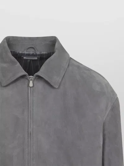 Brunello Cucinelli Suede Jacket Collared Design Elasticated Hem Pockets In Gray