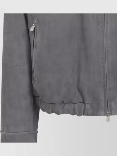 Brunello Cucinelli Suede Jacket Collared Design Elasticated Hem Pockets In Gray