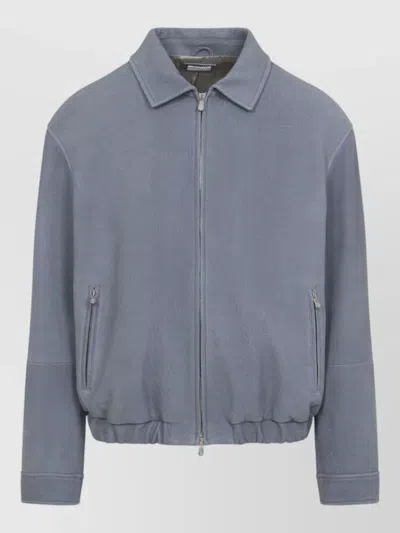 Brunello Cucinelli Suede Jacket Collared Design Elasticated Hem Pockets In Blue
