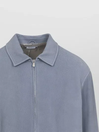 Brunello Cucinelli Suede Jacket Collared Design Elasticated Hem Pockets In Blue