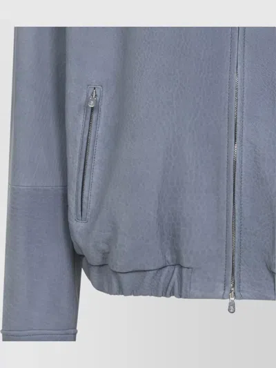 Brunello Cucinelli Suede Jacket Collared Design Elasticated Hem Pockets In Blue