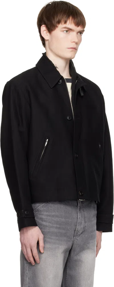 Coor Black Wool Linen Blend Leather Tab Jacket In Black