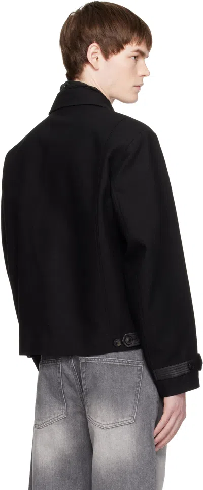 Coor Black Wool Linen Blend Leather Tab Jacket In Black