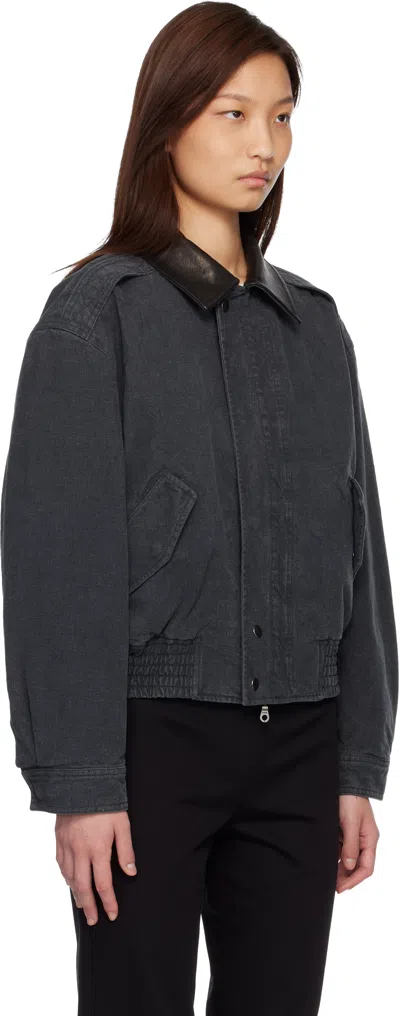 Coor Navy Leather Collar Washed Cationized Bomber Jacket In Blue