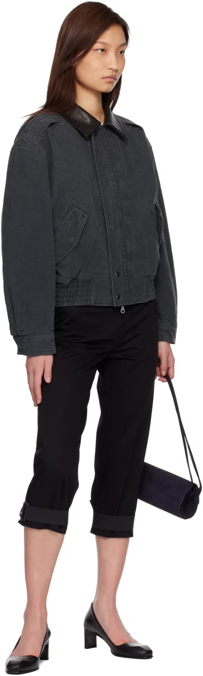 Coor Navy Leather Collar Washed Cationized Bomber Jacket In Blue