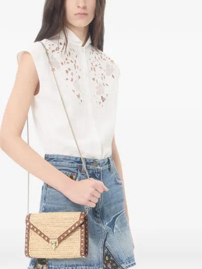 Valentino Garavani Mini Rockstud Raffia Crochet Shoulder Bag In Neutral