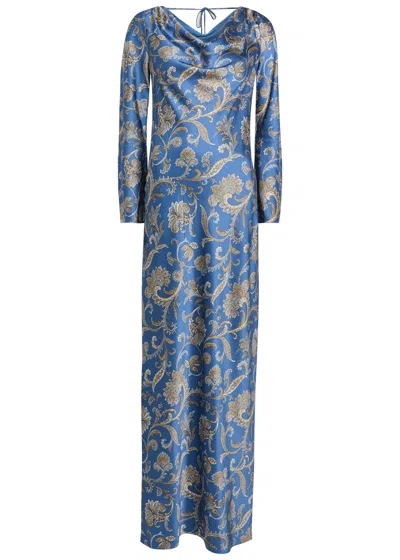 Veronica Beard Ember Long Sleeve Paisley Silk Blend Maxi Dress In Blue