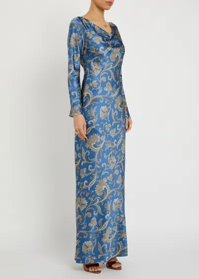Veronica Beard Ember Long Sleeve Paisley Silk Blend Maxi Dress In Blue