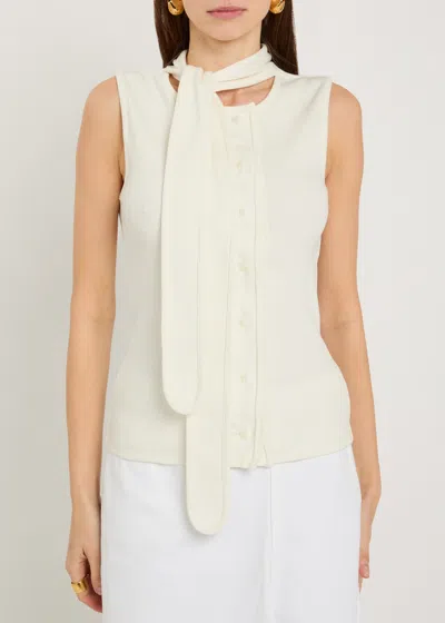 Lemaire Tie-neck Ribbed Stretch-cotton And Linen-blend Jersey Top In White
