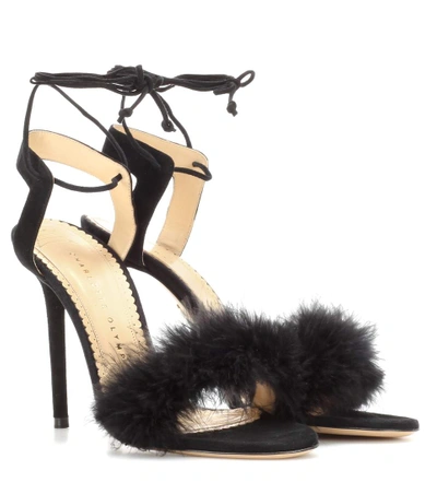Shop Charlotte Olympia Salsa 110 Feather-trimmed Suede Sandals In Llack