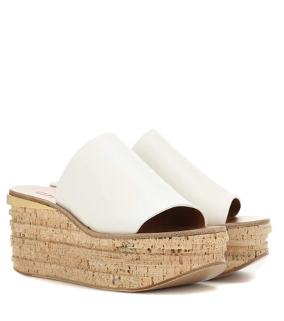 Chloé 'camille' Cork Wedge Leather Slide Sandals In White