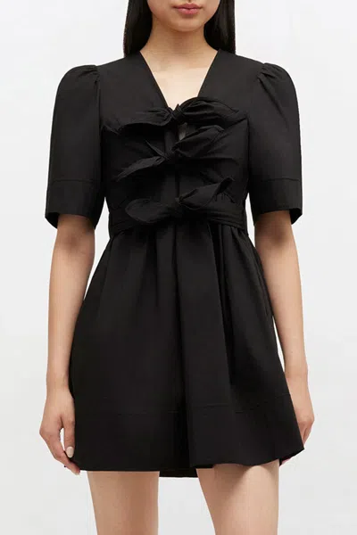 Ganni Belted Bow-embellished Stretch-cotton Poplin Midi Dress In Black