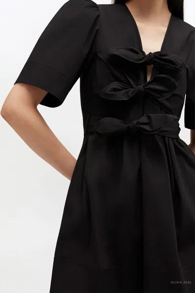 Ganni Belted Bow-embellished Stretch-cotton Poplin Midi Dress In Black