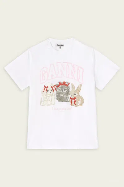 Ganni Graphic Print Crew Neck Short Sleeve Top In White