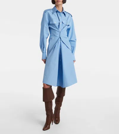 Alexander Mcqueen Mcqueen Long Sleeve Gathered Cotton Blend Shirtdress In Blue