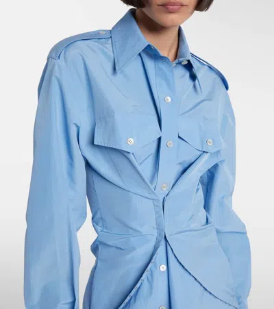Alexander Mcqueen Mcqueen Long Sleeve Gathered Cotton Blend Shirtdress In Blue