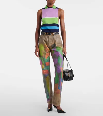 Versace Sleeveless Embroidered Striped Cotton T-shirt In Multi