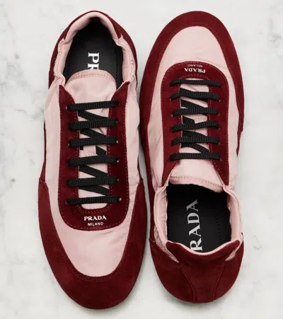 Prada Renylon Suede Collapse Sneakers Contrast Panels In Burgundy