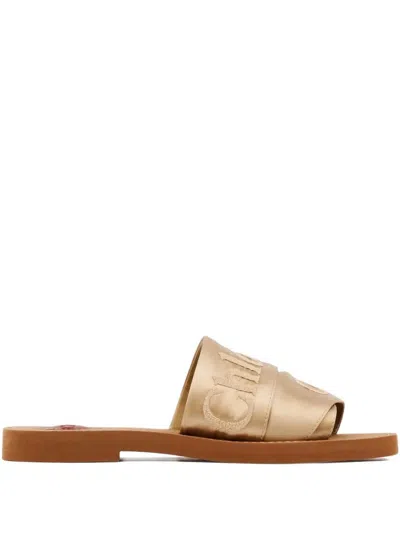 Chloé Woody Satin Sandals Embroidered Logo Rubber Sole In Gold