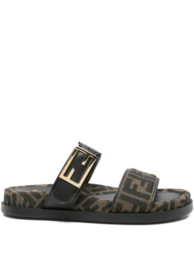 Fendi Leather Sandals With Double Strap And Buckle In Multi