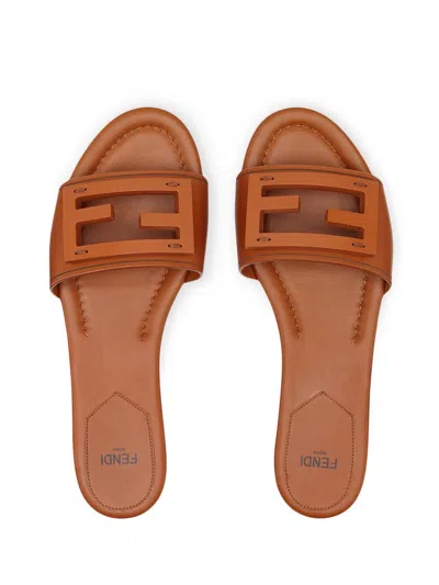 Fendi Baguette Leather Slides With Macro Selleria Topstitches In Brown