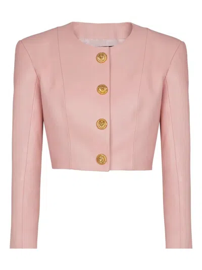 Balmain Long Sleeves Buttoned Lambskin Cropped Jacket In Pink