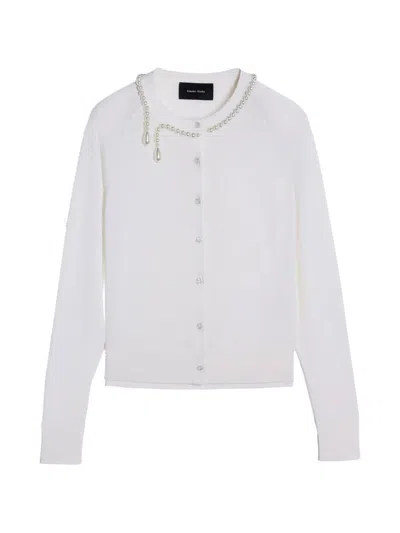 Simone Rocha Merino Silk Cardigan With Embroidered Pearl Neckline In White