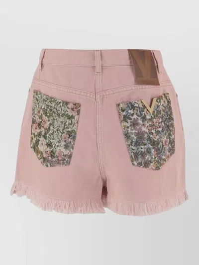 Valentino Knee Length Shorts Frayed Hem Floral Pockets Belt Loops In Pink