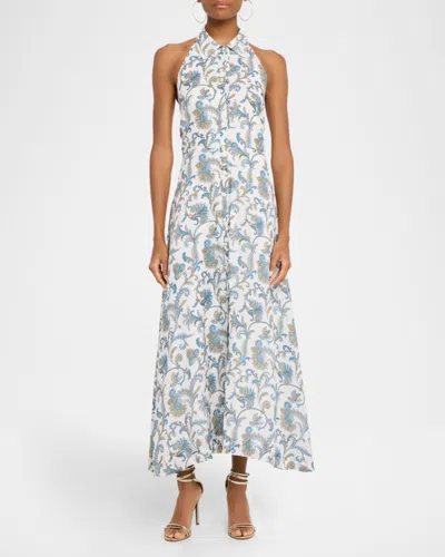 Veronica Beard Mackey Paisley Halter Neck Sleeveless Ramie Shirtdress In Gray