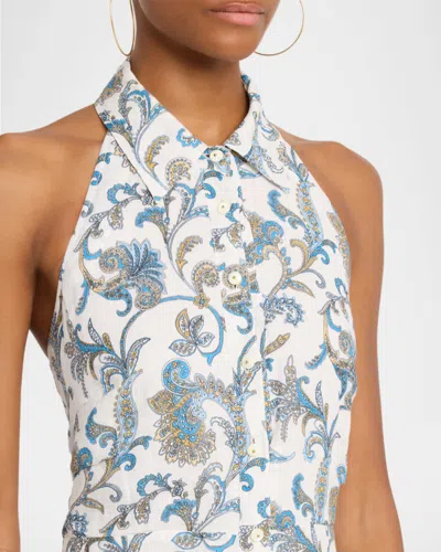 Veronica Beard Mackey Paisley Halter Neck Sleeveless Ramie Shirtdress In Gray