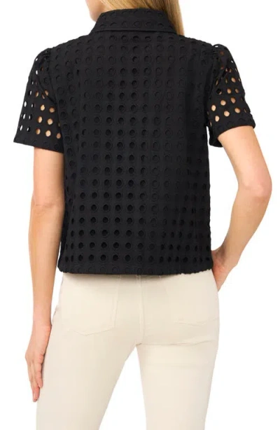 Cece Eyelet Short Sleeve Collared Button Down Top In Multi