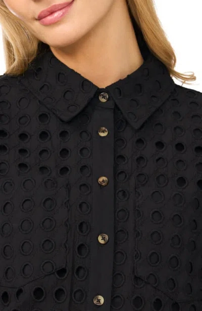 Cece Eyelet Short Sleeve Collared Button Down Top In Multi