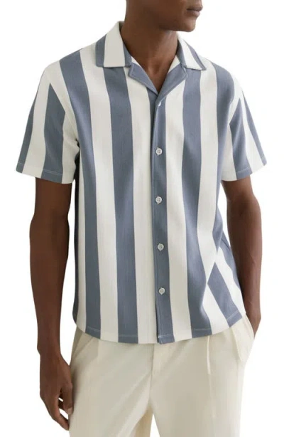 Reiss Mens Airforce Blue Off White Dexter Cuban-collar Block-stripe Stretch-woven Shirt Xl