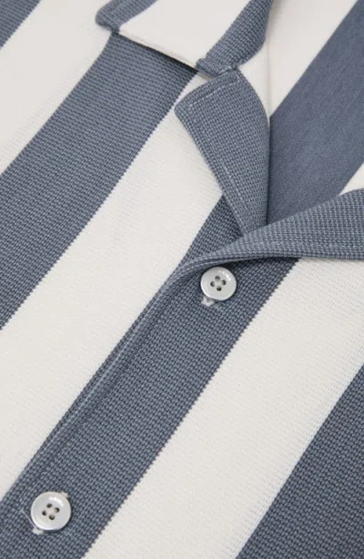Reiss Mens Airforce Blue Off White Dexter Cuban-collar Block-stripe Stretch-woven Shirt Xl
