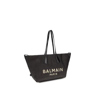 Balmain Women Track Shoulder Bag In Leather And Raffia In Black