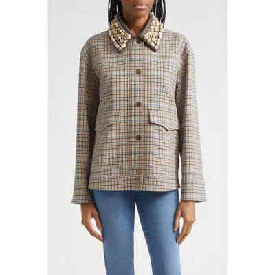 Veronica Beard Kasper Plaid-pattern Embellished-collar Jacket In Gray